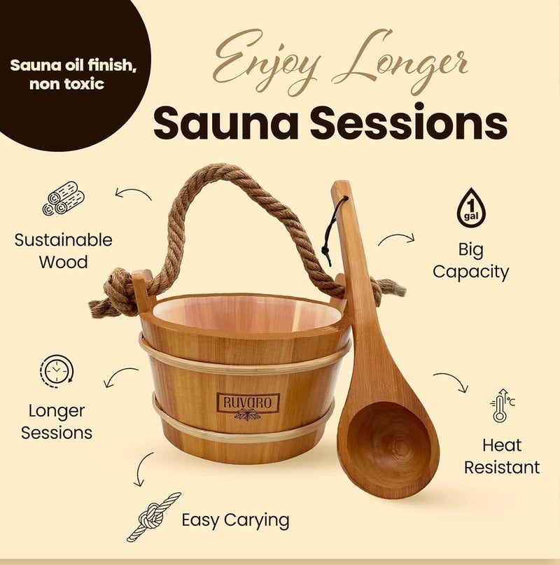 RIVARO Sauna Bucket and Ladle Set – Handcrafted from Canadian Red Cedar Wood – 1 Gallon (4Liters) Water Capacity – Leakproof Liner – Natural Rope Handle - Luxury Sauna Accessories Set - Image 4